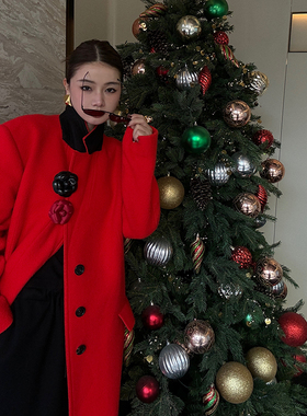 CHU楚妞[落日]双面毛呢翻领大衣春季新款女红色气质宽松外套