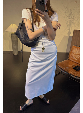 CHU楚妞[小白裙]莫代尔棉缩褶连衣裙2026夏季新款女遮肉显瘦裙子