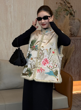 CHU楚妞[舞鹤新春]貂毛重工刺绣提花马甲2026春季新款女中式背心