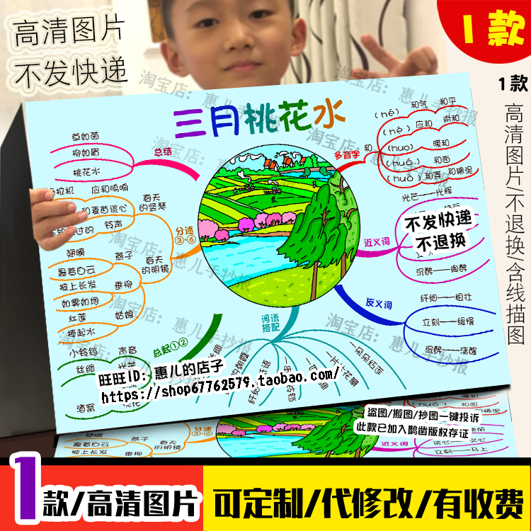 三月桃花水思维导图春天手抄报四年级语文下册第四课知点电子小报,商务/设计服务,卡通/动漫/插画设计,淘宝优惠券,粉丝福利购,淘宝优惠卷