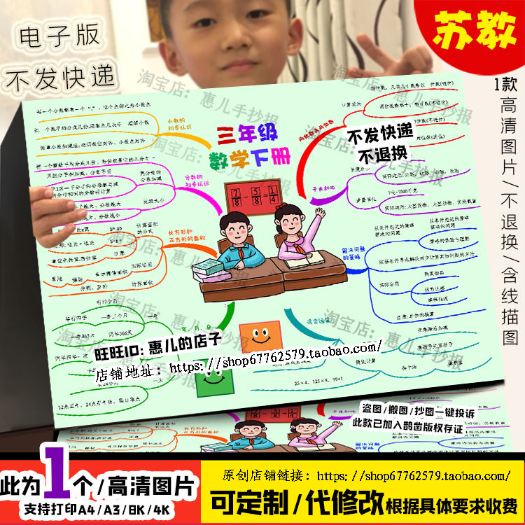 苏教三年级下册数学知识总结思维导图线描涂色手抄报电子版小报,商务/设计服务,设计素材/源文件,淘宝优惠券,粉丝福利购,淘宝优惠卷