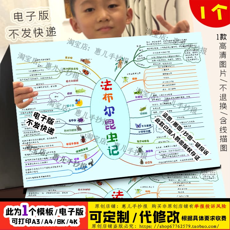 法布尔昆虫记思维导图手抄报好书推荐阅读读书小报线描涂色模板a4