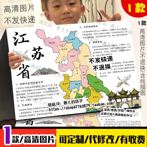 江苏地理手抄报走进江苏省份初中地理知识电子小报模板线稿涂色