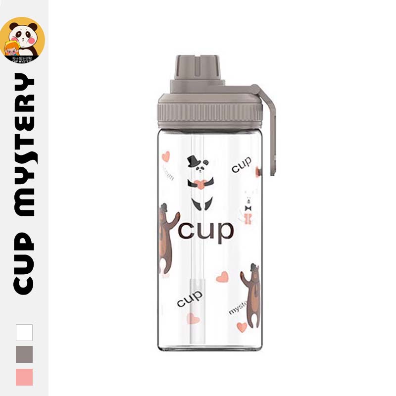 美国CupMystery胖熊卡通熊猫耐热吸管玻璃水杯便携学生刻度玻璃杯