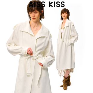 Aiss Kiss复古亚麻柔软中长款气质收腰绑带宽松白色风衣外套女