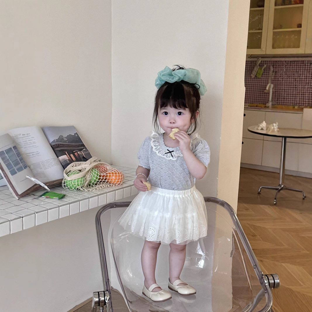 Cutemily夏 女童套头荷叶领镂空针织衫女宝薄款可爱蕾丝针织短袖