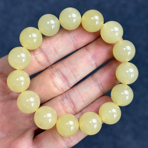 卡14mm 天然和田玉青海黄口料蜂蜜水圆珠手串保正品支持复检保真