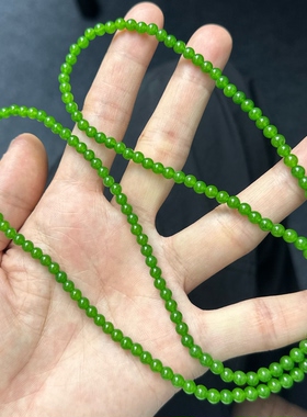 卡4mm天然和田玉碧玉果绿色圆珠长项链四圈手串毛衣链巴基斯坦料