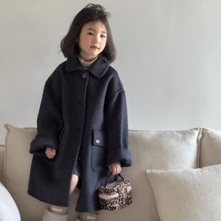 高端质感男童女童双面羊毛大衣宽松翻领中长款韩系中大童呢外套
