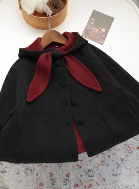 连帽斗篷款女童两面穿双面羊毛手工大衣可爱兔耳黑红色短款外套