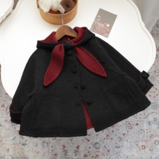 连帽斗篷款女童两面穿双面羊毛手工大衣可爱兔耳黑红色短款外套