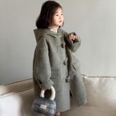 韩系童装 牛角扣中大童呢外套 100%双面羊毛大衣男童女童连帽中长款