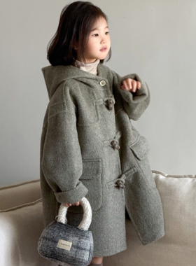 韩系童装100%双面羊毛大衣男童女童连帽中长款牛角扣中大童呢外套