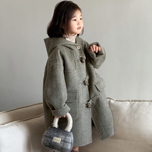 韩系童装100%双面羊毛大衣男童女童连帽中长款牛角扣中大童呢外套