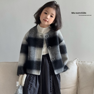 短款男童女童双面羊毛大衣格子宽松无领亲子韩版秋冬外套