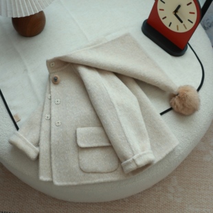 复古文艺女童双面羊毛大衣短款精灵帽儿童毛呢外套