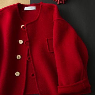新年红纯羊毛双面羊绒短款外套男女儿童小口袋俏皮大衣