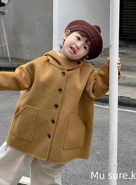 姜黄色连帽韩版双面羊毛大衣宽松款双面绒手工男女童高级外套
