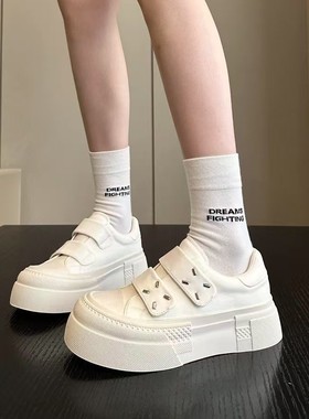 香港专柜品质头层牛皮厚底板鞋女小白鞋2025新款增高魔术贴休闲鞋