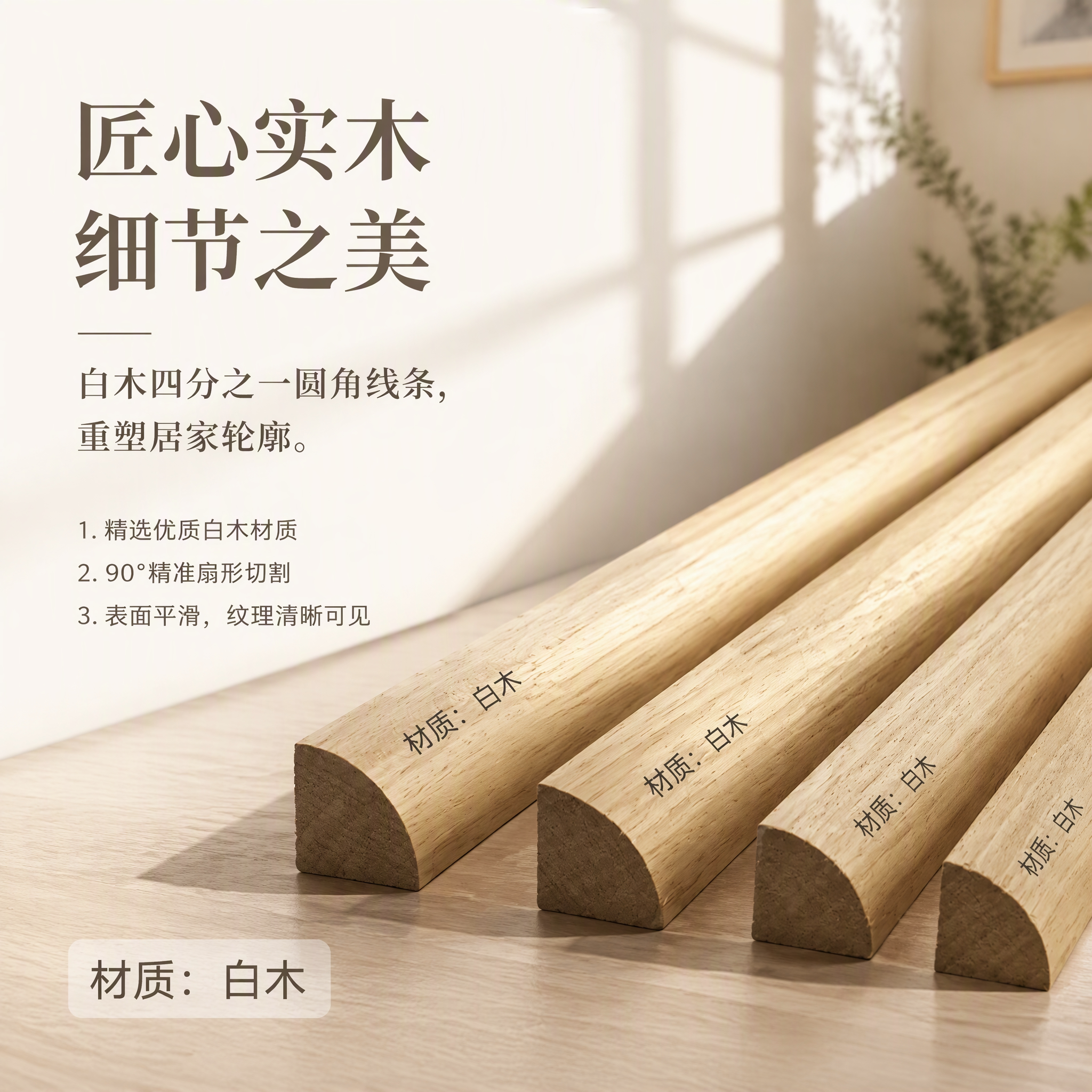 白木实木四分之一圆弧包角线条内衬填充阴角收口墙角收边条半圆线