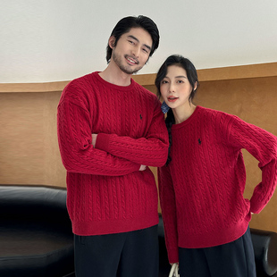 红色麻花毛衣小马圆领本命年新年战袍新年穿搭 情侣装 2025秋新款 款