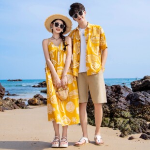 沙滩情侣装夏季t恤套装海南三亚海边度假波西米亚连衣裙一裙一衣