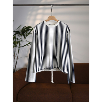 【颖颖家】休闲海军风~高密色织棉条纹下摆抽绳圆领长袖T恤W1969