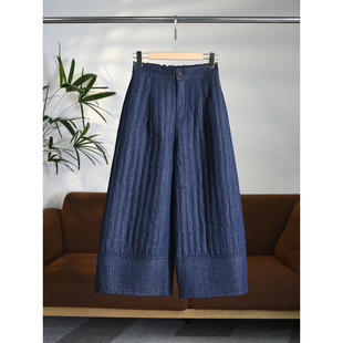 颖颖家 W1622 羊毛棉和亚麻混纺半松紧腰竖条绗缝夹棉八九分阔腿裤