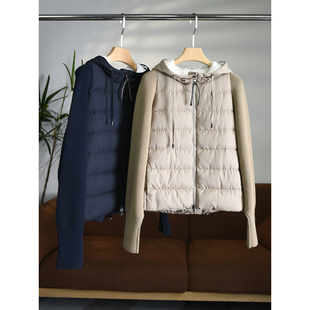 云朵般轻软蓬松羊毛针织插肩袖 百搭W1662 拼接90白鹅绒连帽羽绒服