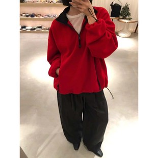 新年红摇粒绒半拉链套头卫衣直筒休闲下摆抽绳W1862 颖颖家