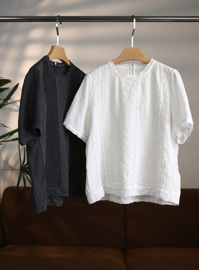 【颖颖家】文艺感日系亚麻重工刺绣蕾丝花边压褶圆领短袖T恤W2185