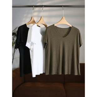 T恤W2051 进口亚麻莼棉混纺干爽透气V领百搭显瘦短袖 颖颖家