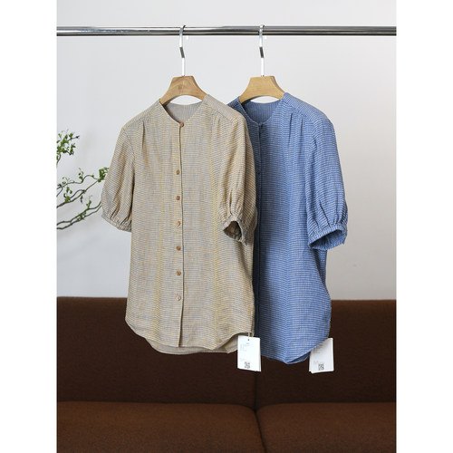 【颖颖家】又好看又舒服，不要错过 进口软亚麻捏褶格子衬衫W1222