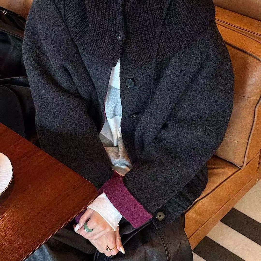 这配色也太惊艳了吧 撞色羊毛羊绒混纺针织帽双面异色呢大衣W1665