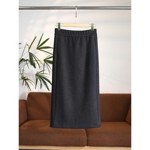 颖颖家 桑蚕丝羊绒复合混纺花纱灰竖条纹加厚松紧腰直筒半裙W1738