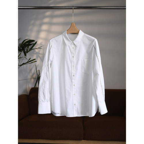 【颖颖家】日系密织棉文艺范明线刺绣宽松翻领单排扣衬衫W2065