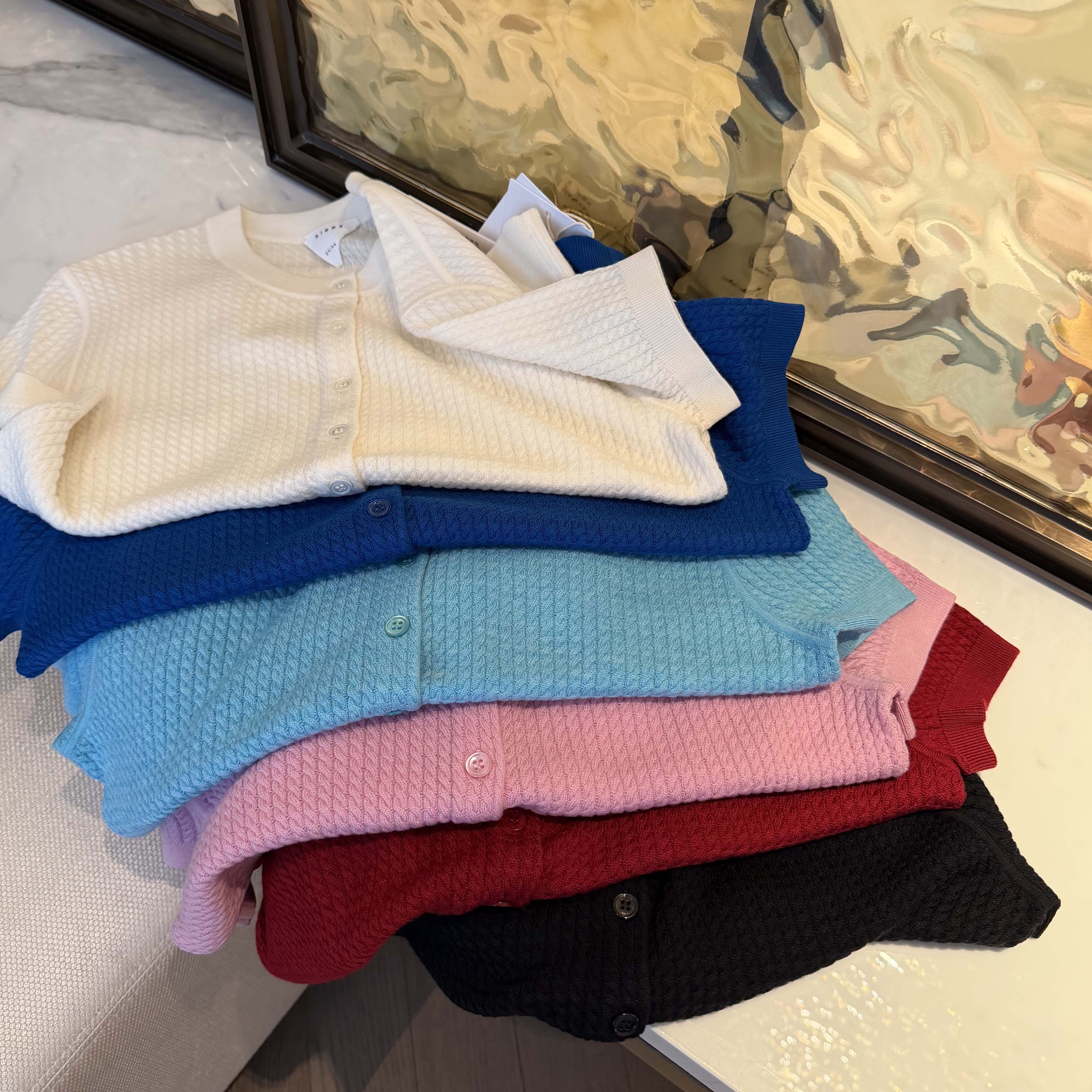 【颖颖家】匠心R系18针麻花纯羊毛简约复古圆领短袖针织开衫W2128