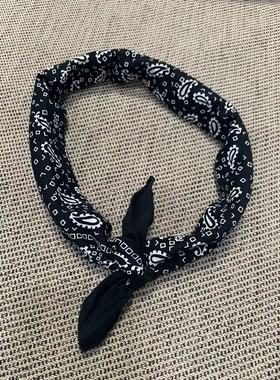 精致小物！小众氛围感 古着感复古纯棉文艺藏蓝色印花方巾Y10739