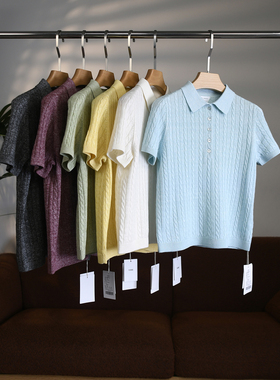 【颖颖家】匠心B系羊毛亚麻九针绞花正肩翻领POLO针织衫短袖W1988