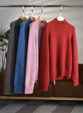 颖颖家 康宝莱半高领加厚山羊绒白厂丝花纱插肩袖宽松羊绒衫W1864