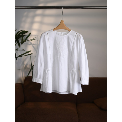 【颖颖家】日系文艺感轻薄棉重工刺绣设计感圆领七分袖衬衫W2123