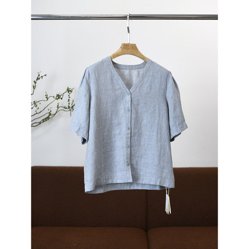 【颖颖家】等了好久的款 进口软亚麻V领色织扣子衬衫 女W1263