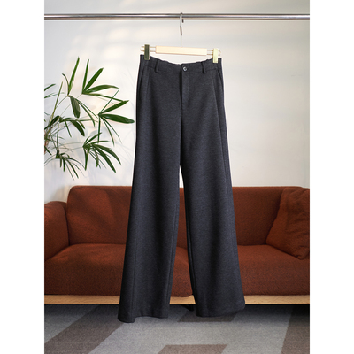 颖颖家 含羊绒桑蚕丝加厚花纱竖条纹半松紧腰休闲直筒阔腿裤W1710