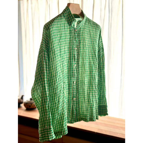 【颖颖家】篙定色织麻手工对格打条工艺小立领宽松长袖衬衫W2139