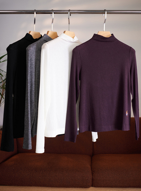 颖颖家 多色空气感高弹羊毛天丝混纺刺绣半高领针织打底T恤 W1719