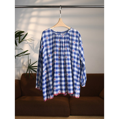 【颖颖家】印度手工织布提花棉软元气感格纹宽松娃娃衫衬衫W2174