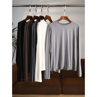 颖颖家 W1425 超亲肤多色百搭羊绒和棉混纺圆领自然卷边后中缝T恤