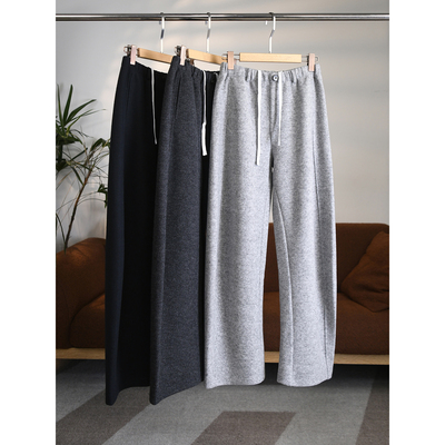 颖颖家 慵懒轻软毛呢感羊毛混纺一粒扣松紧腰抽绳休闲弯刀裤W1769