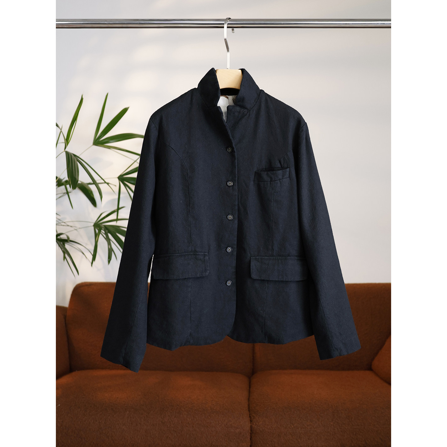 复古腔调感澳毛亚麻混纺双层内里印花可立领可翻领西装外套 W1726