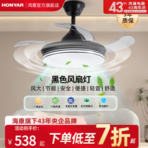 鸿雁风扇灯2024新款吊扇风扇客厅吊挂式餐厅吊灯卧室一体风扇黑色